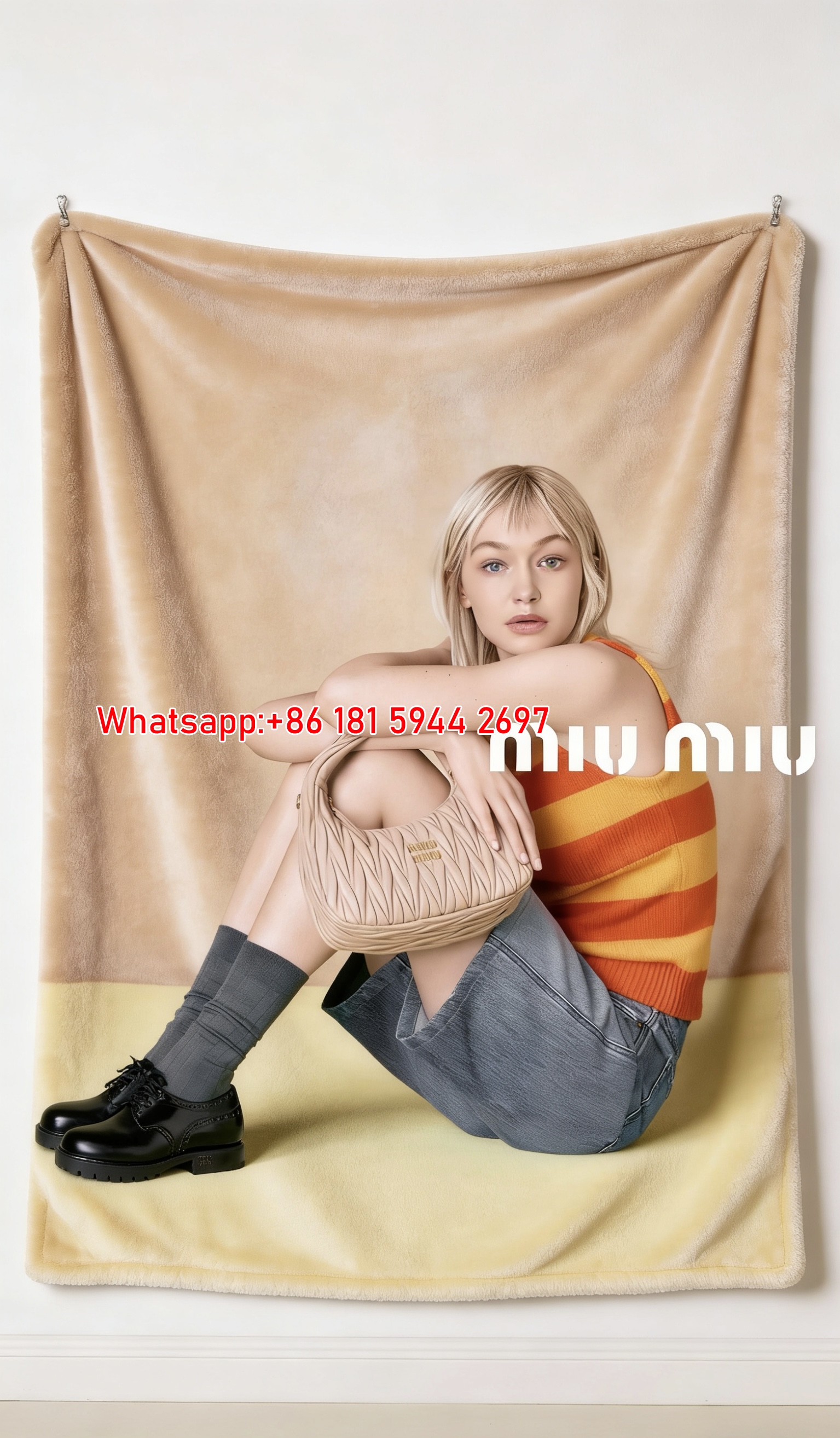 Miu Miu Orange & Yellow Striped Beige Matelassé Hobo Bag Printed Flannel Sofa Throw Blanket IMG_0467